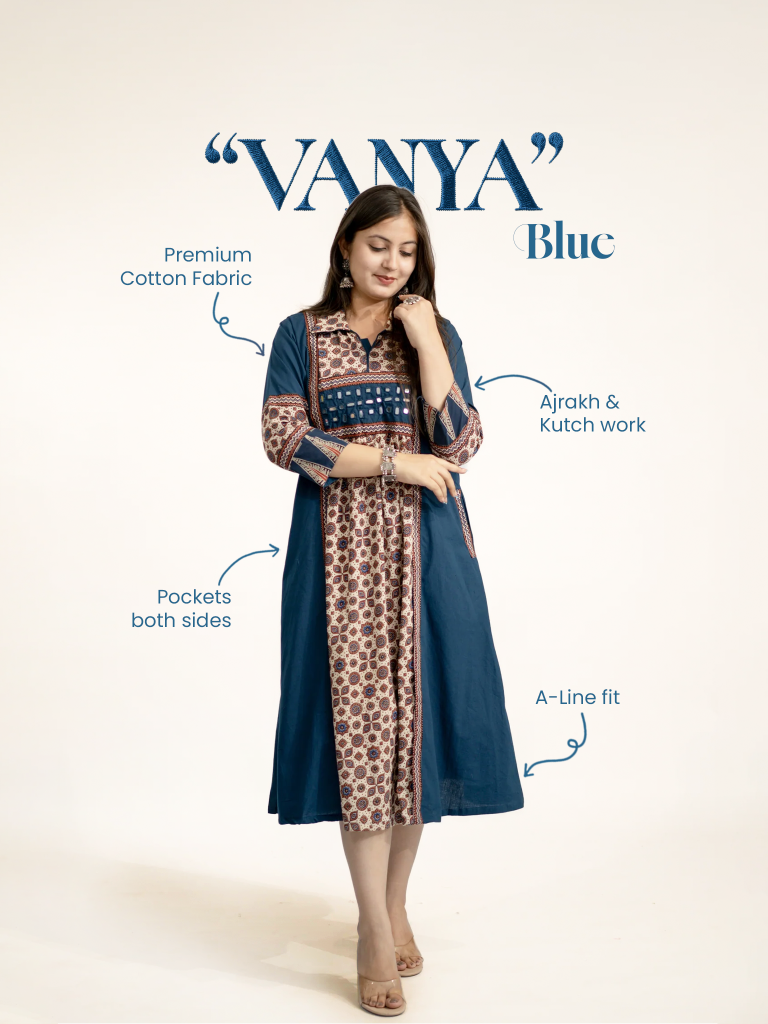 Vanya Blue Cotton Ajrakh Kutch Embroidered A-line Kurta