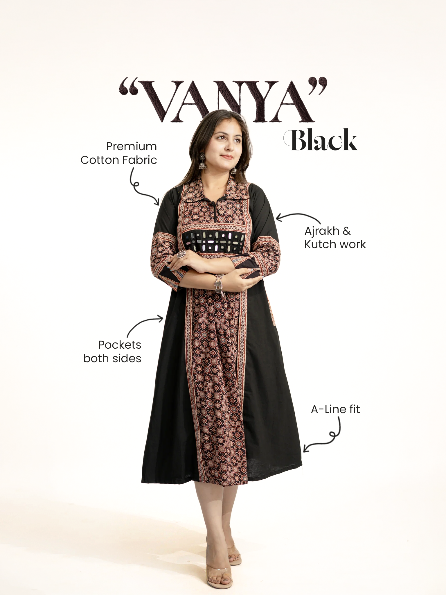 Vanya Black Cotton Ajrakh Kutch Embroidered A-line Kurta