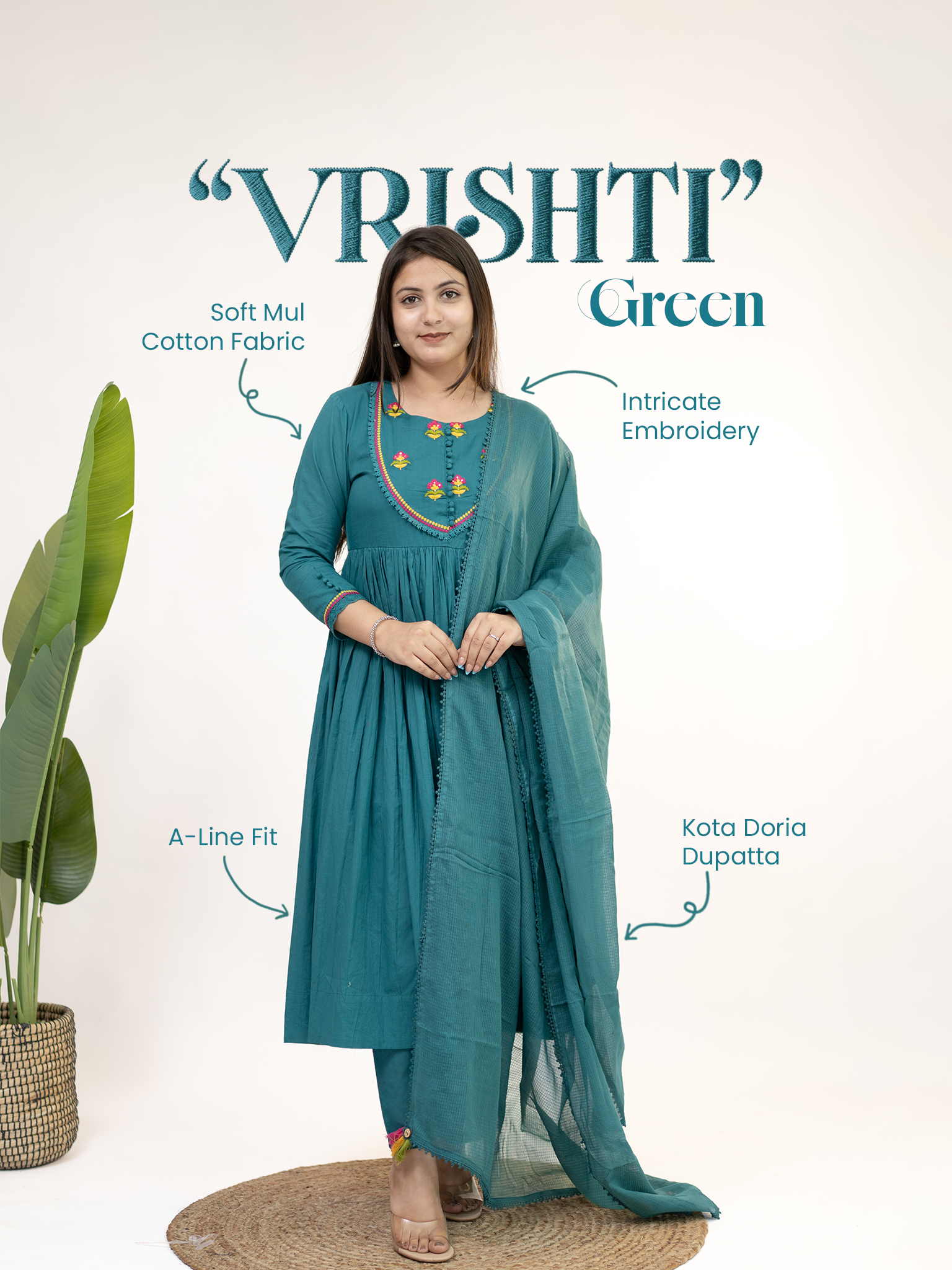 Vrishti Green Mul Cotton Embroidered Anarkali Dupatta Set