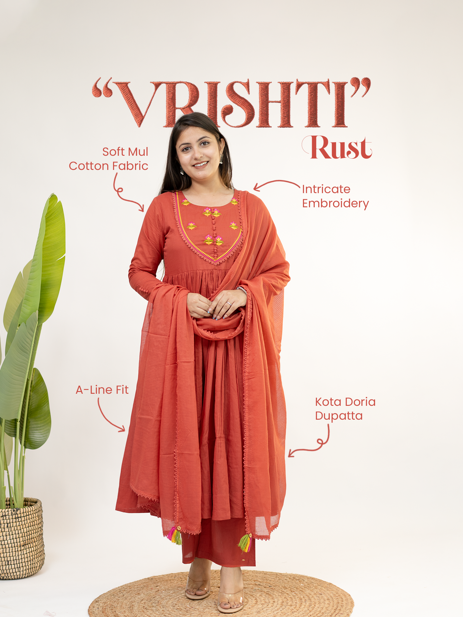 Vrishti Rust Mul Cotton Embroidered Anarkali Dupatta Set