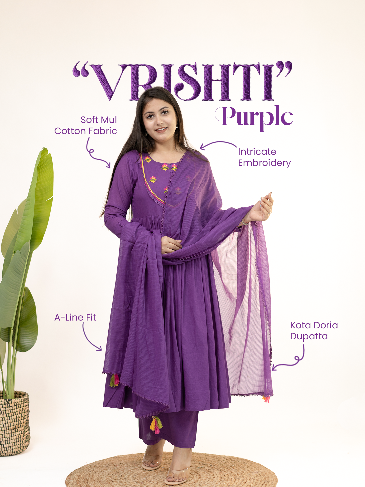 Vrishti Purple Mul Cotton Embroidered Anarkali Dupatta Set
