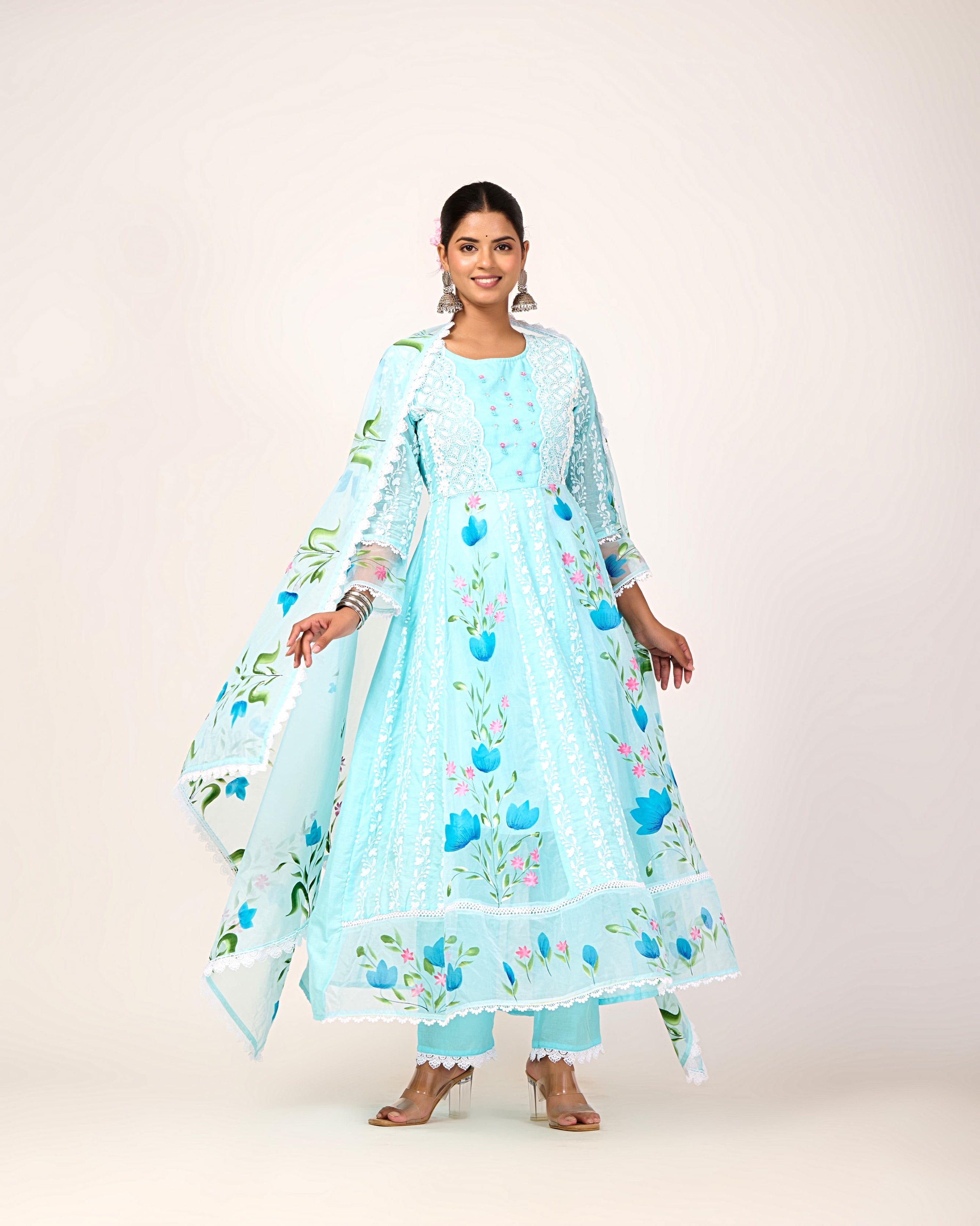 Cotton Schiffli Hand Brush Painted Anarkali Set