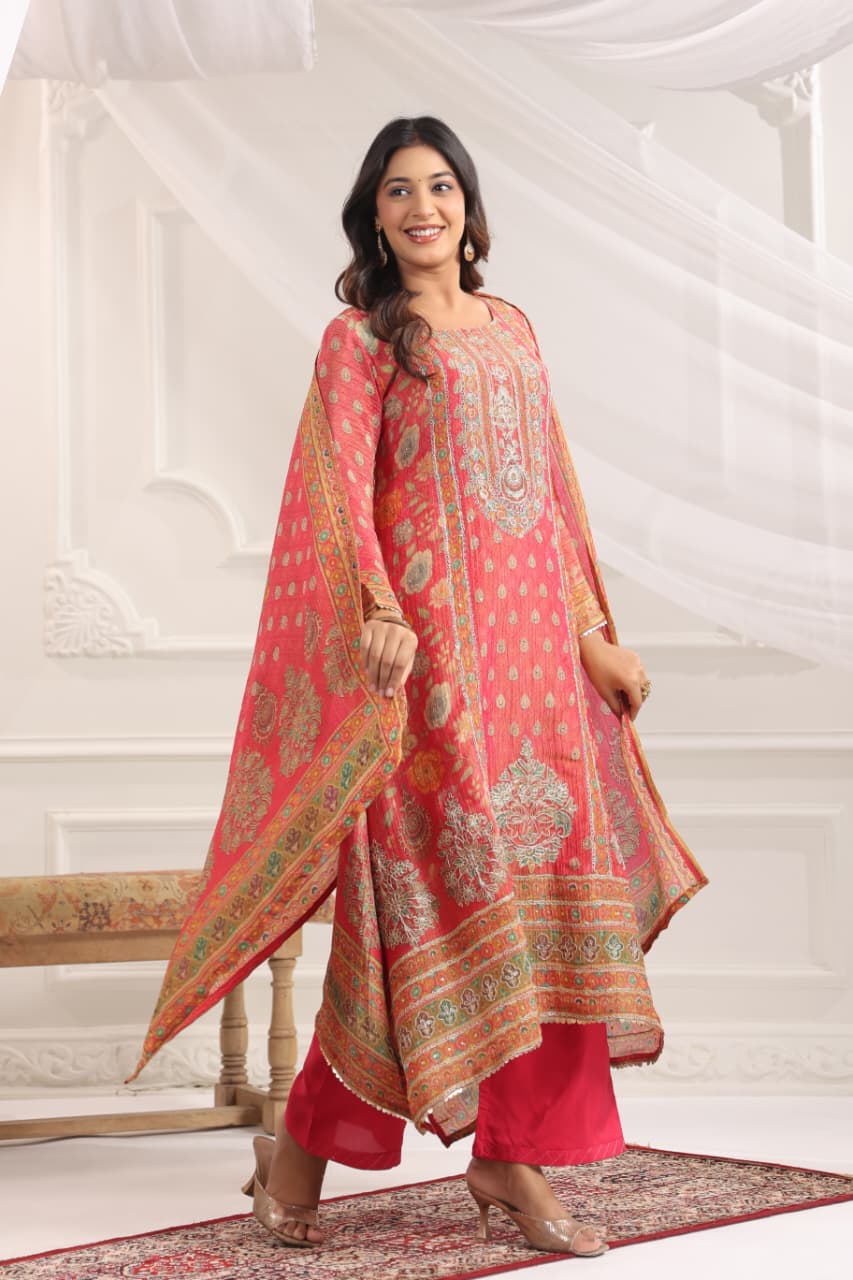 Haiza Asymmetric Shimmer Tissue  Embroidered Pant Set