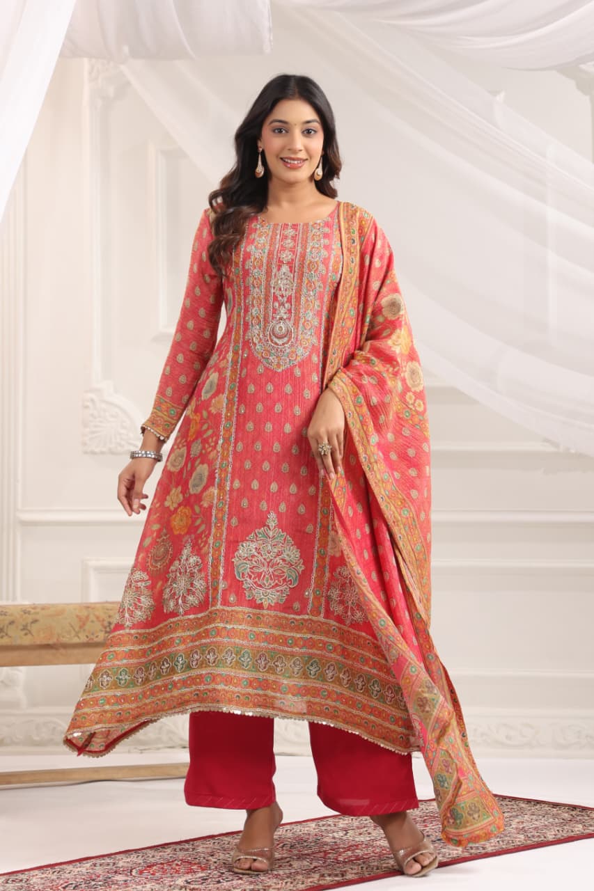 Haiza Asymmetric Shimmer Tissue  Embroidered Pant Set