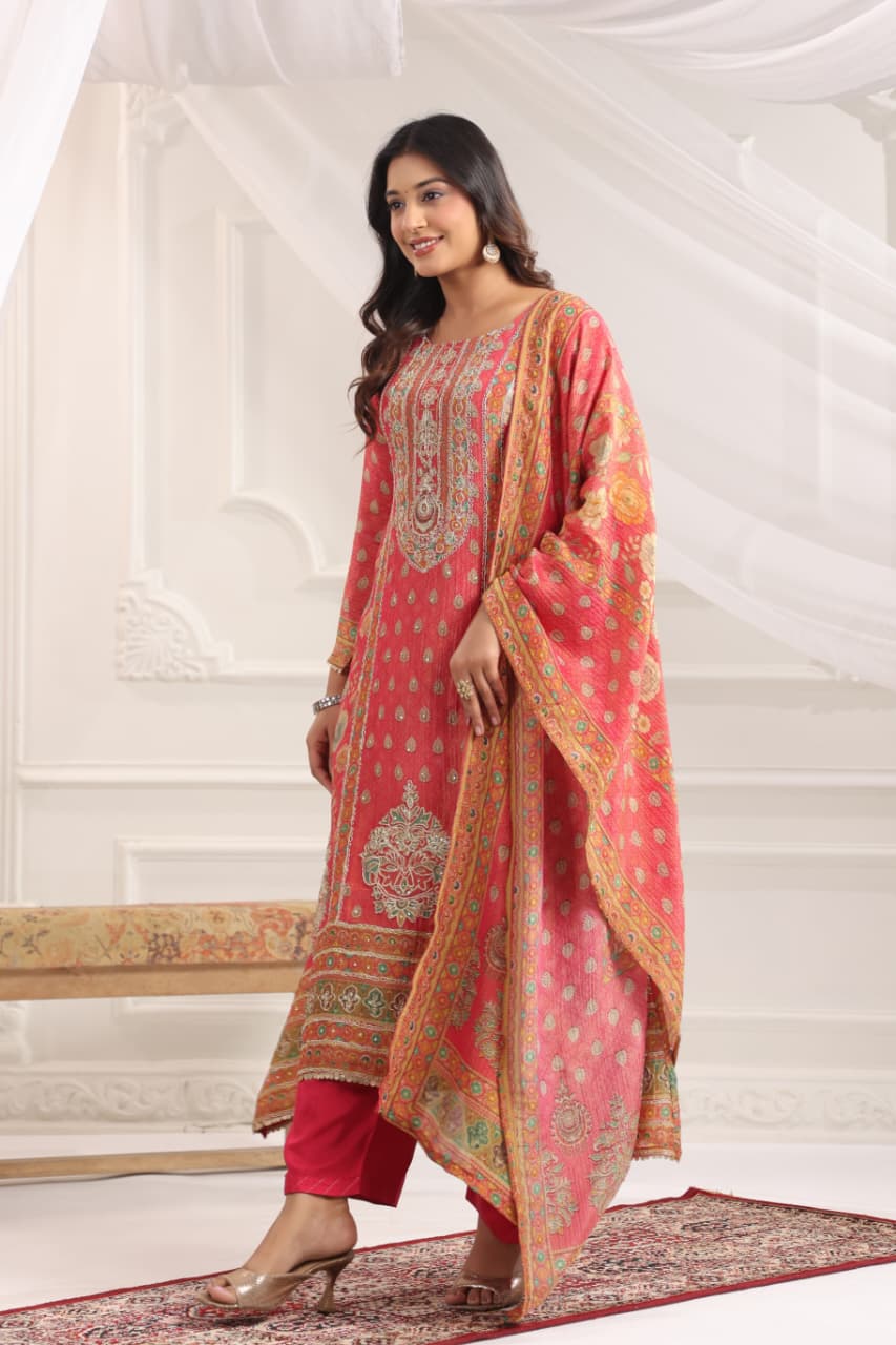 Haiza Asymmetric Shimmer Tissue  Embroidered Pant Set