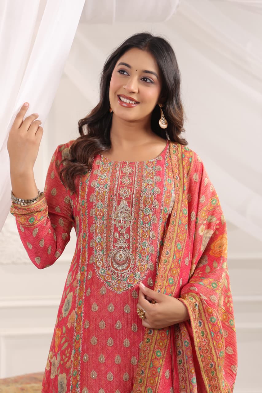 Haiza Asymmetric Shimmer Tissue  Embroidered Pant Set