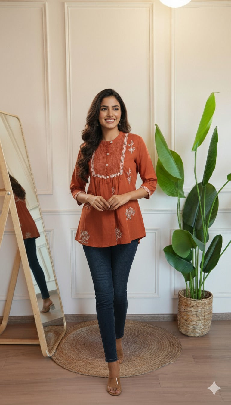 Tarini A-line cotton Embroidered Short Top