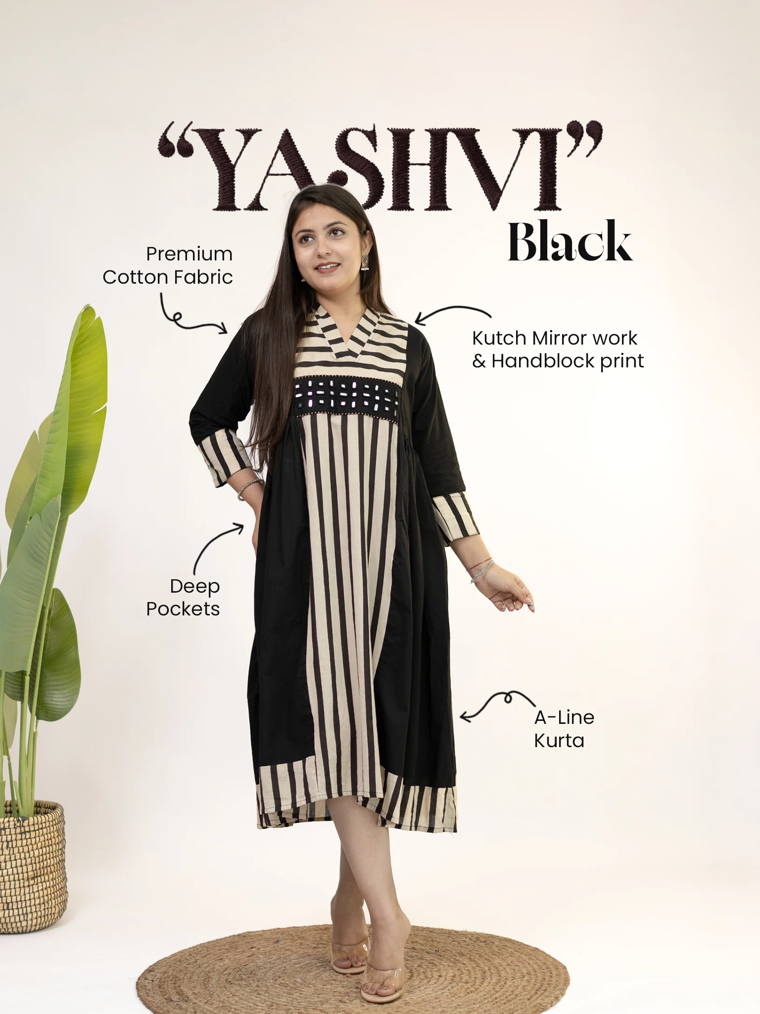 Yashvi Black Cotton Handblock Kutch Embroidered A-line Kurta
