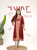 Yashvi Red Cotton Handblock Kutch Embroidered A-line Kurta