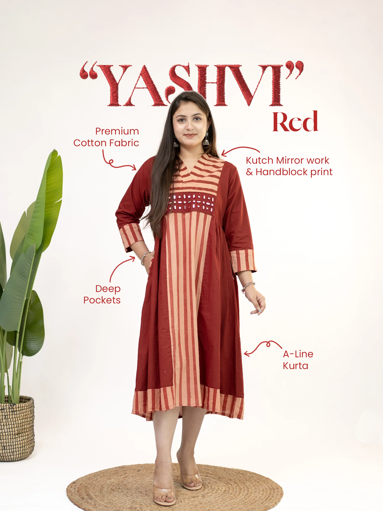 Yashvi Red Cotton Handblock Kutch Embroidered A-line Kurta