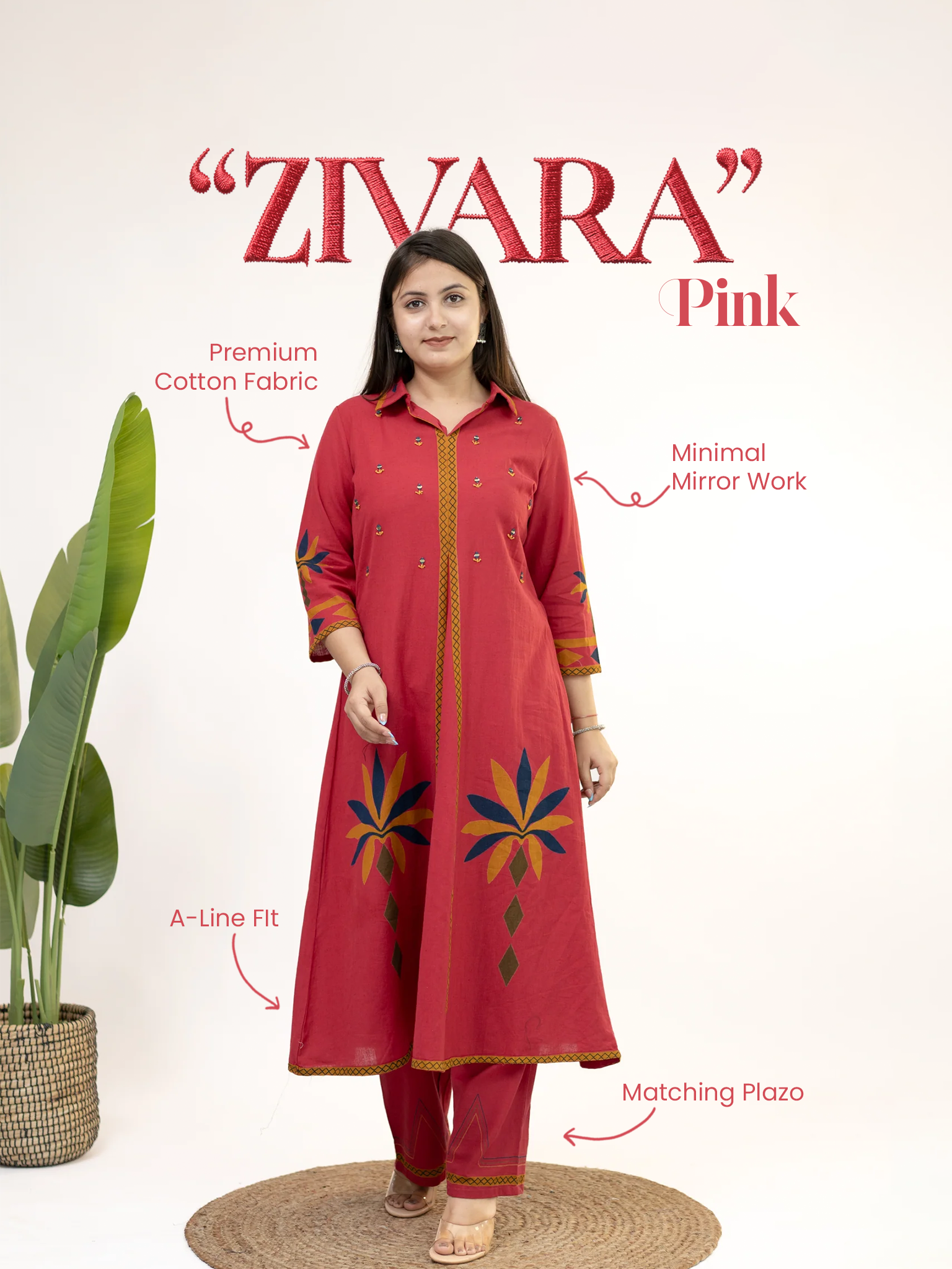 Zivara Pink Floral Mirror Work A-line Kurta Set