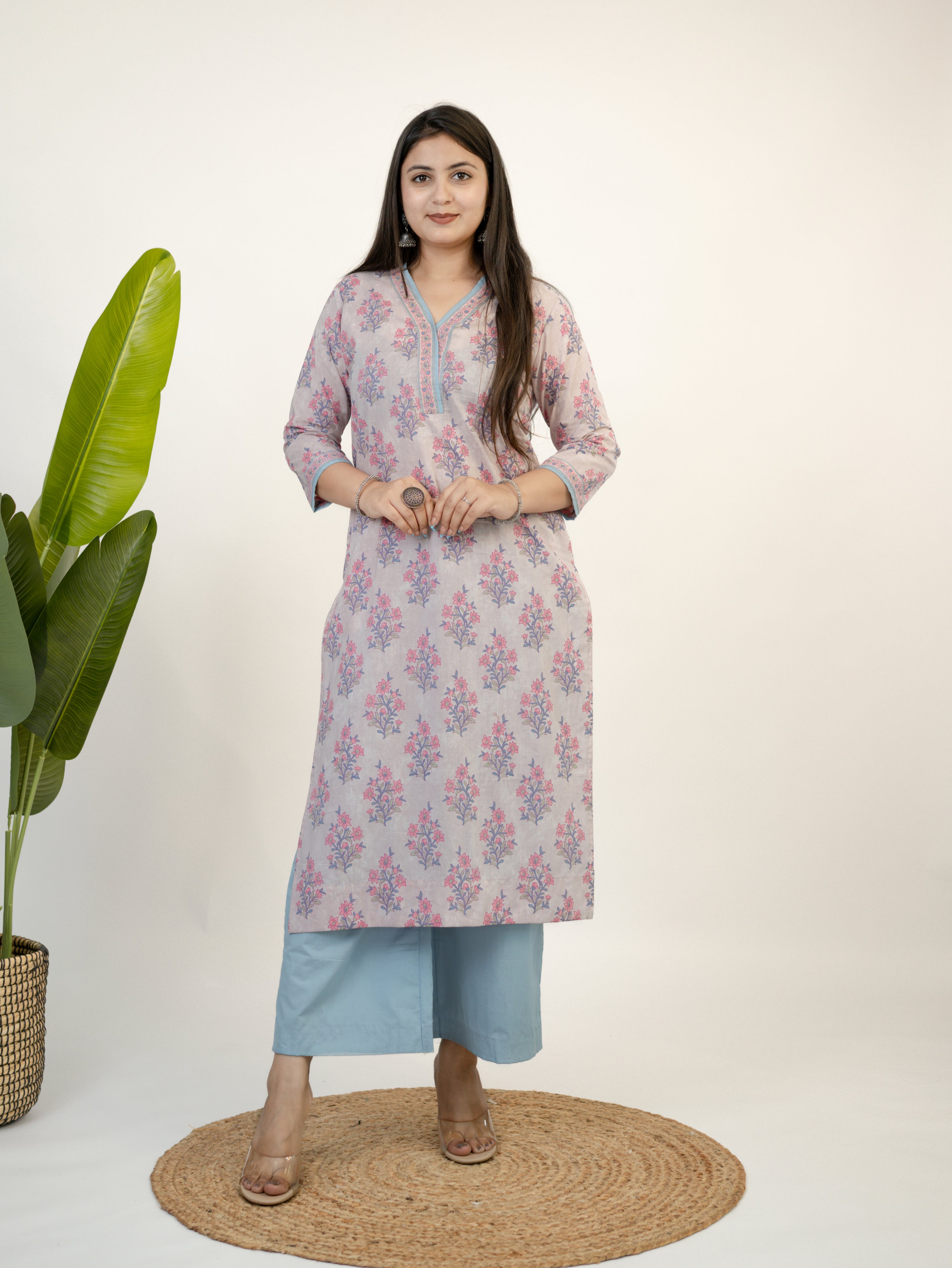 Hiba Lilac Gulbahar Floral Cotton Kurta Set