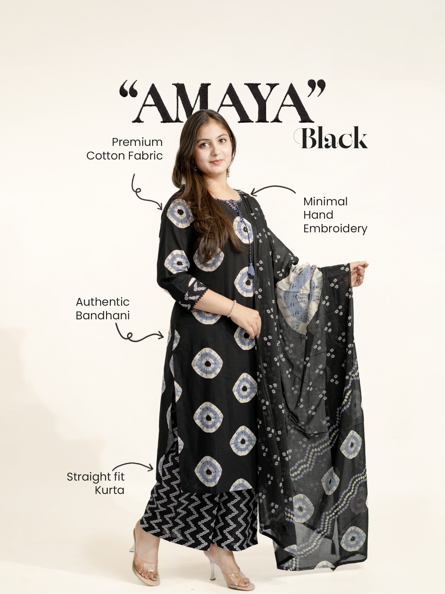Amaya Black Cotton Bandhani Straight Katha Detailed Dupatta Set