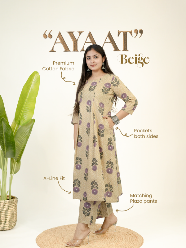Ayaat Beige Cotton Floral Pleated A-line Kurta Set