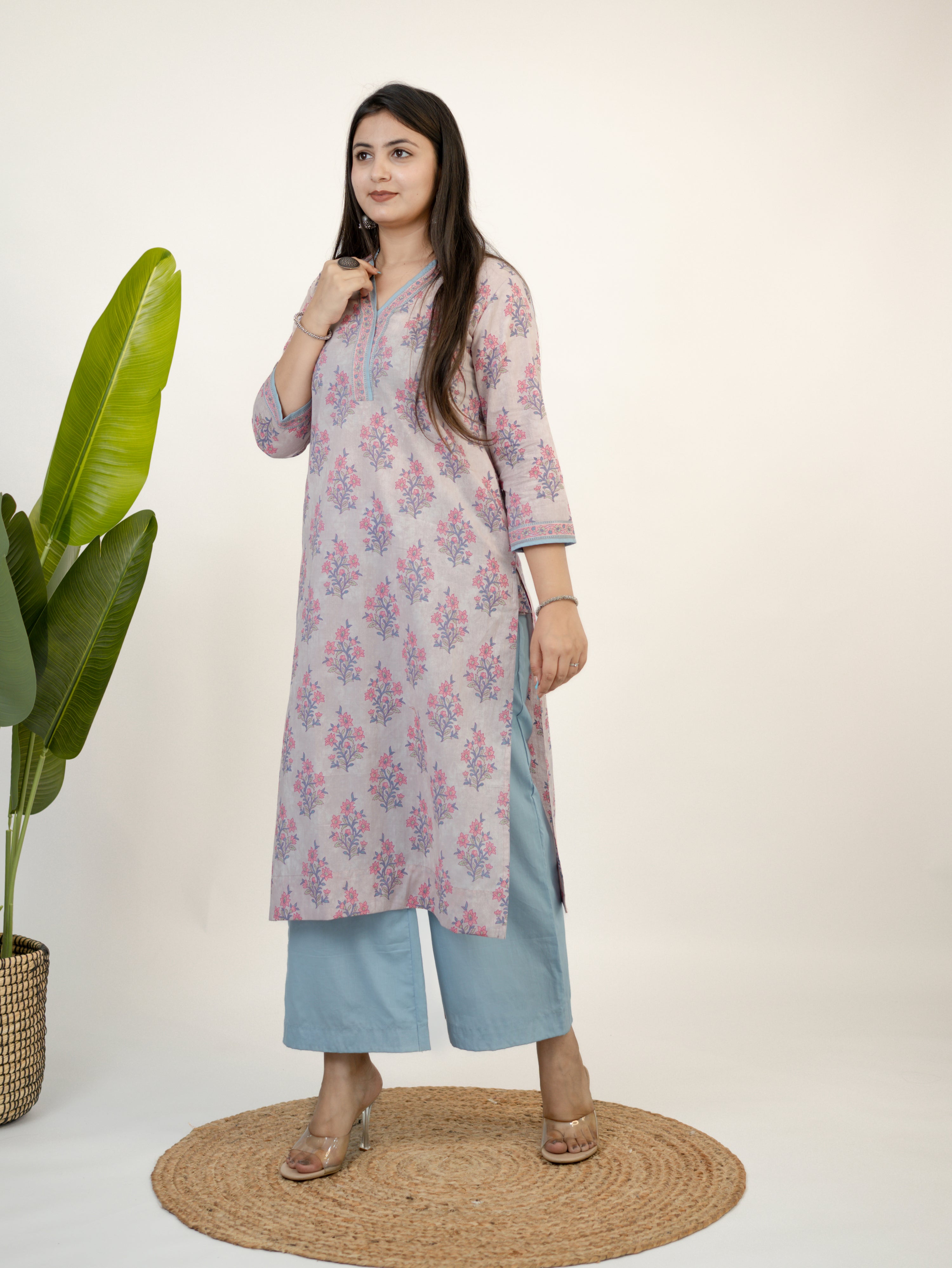 Hiba Lilac Gulbahar Floral Cotton Kurta Set