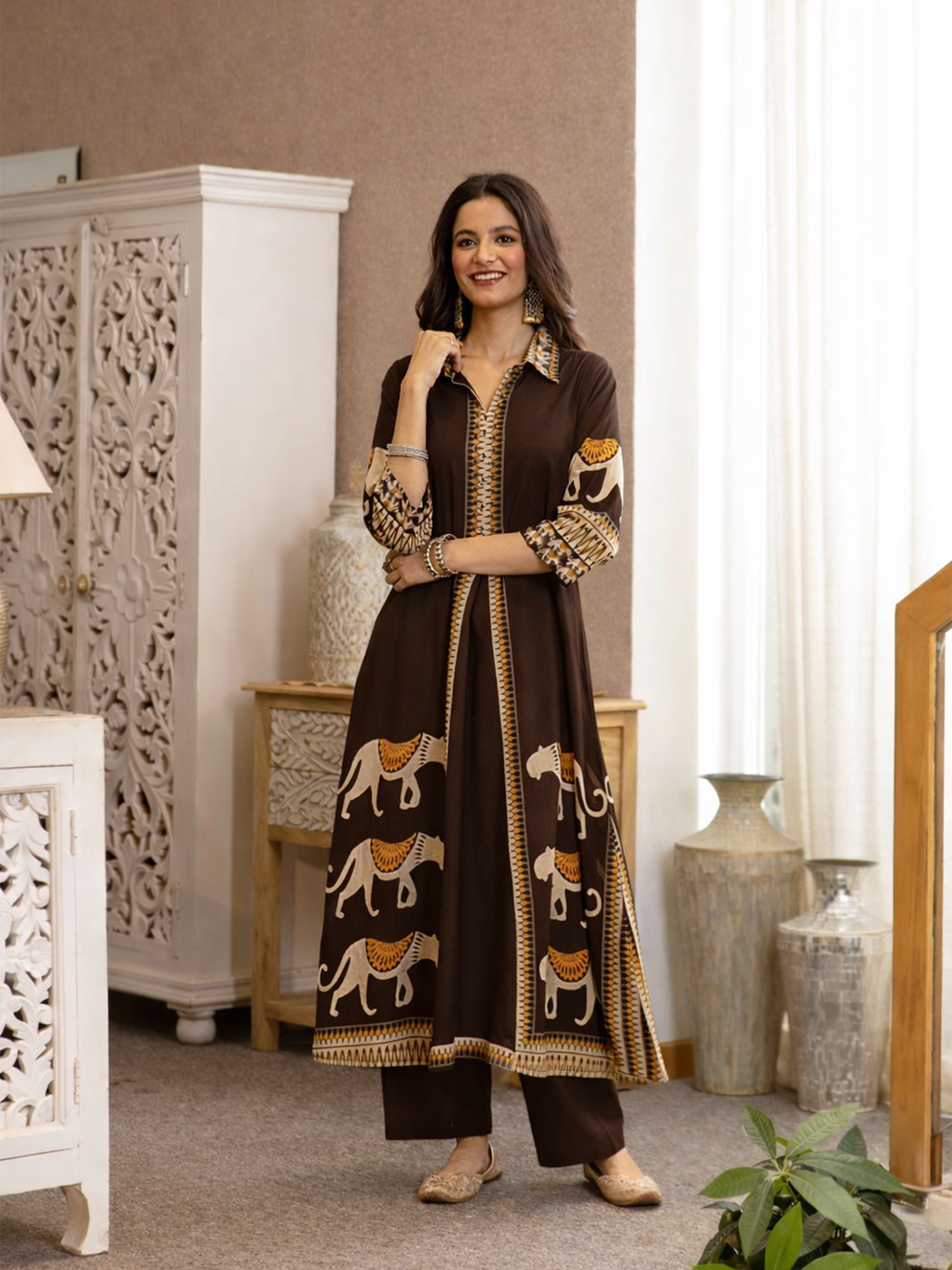 Kiara Brown Tribal Bagh Cotton BeadWork Kurta Set