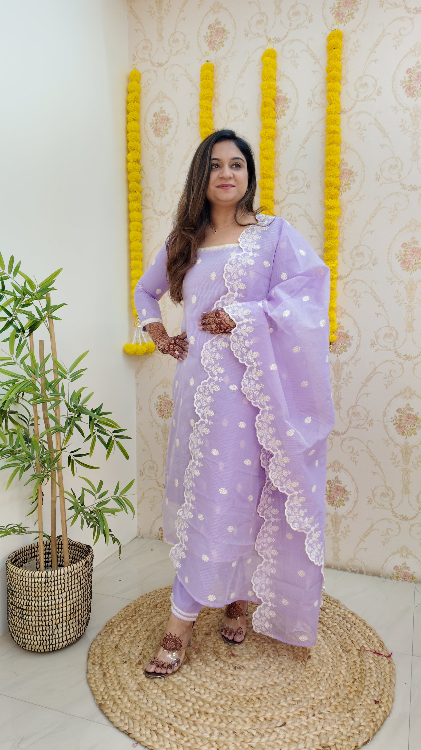 Lavender Kota Doria Embroidered Festive Pant Set