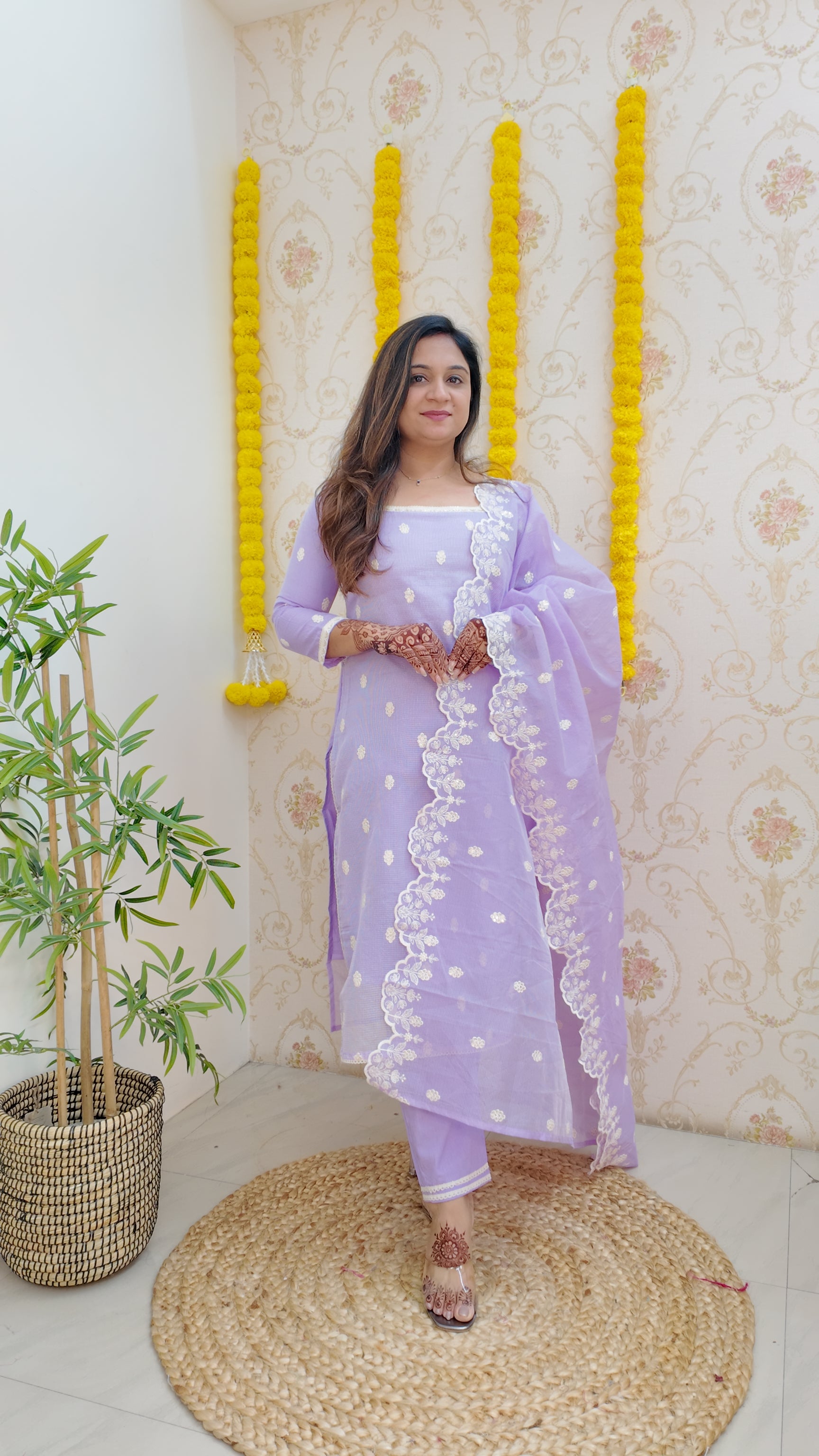 Lavender Kota Doria Embroidered Festive Pant Set