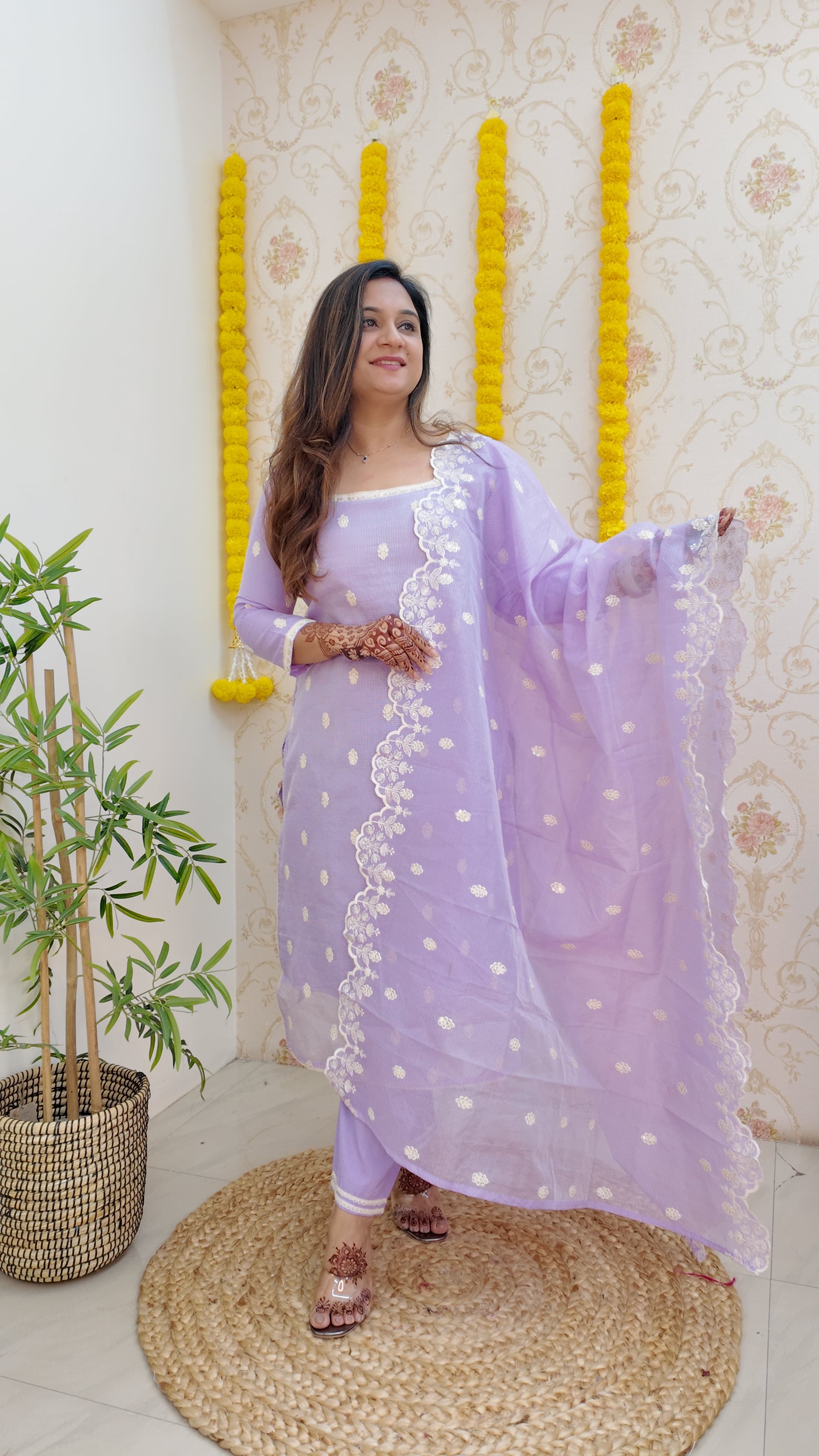 Lavender Kota Doria Embroidered Festive Pant Set