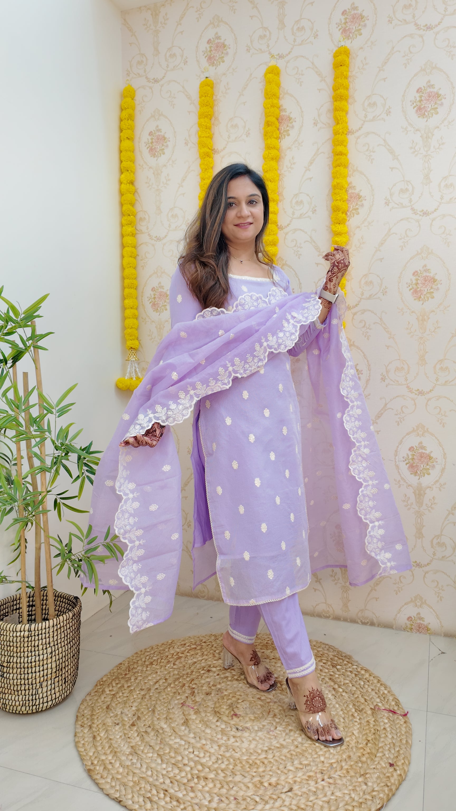 Lavender Kota Doria Embroidered Festive Pant Set