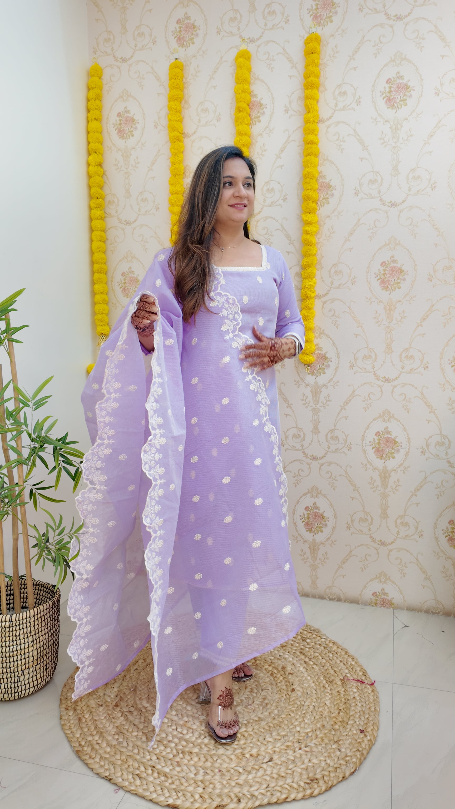 Lavender Kota Doria Embroidered Festive Pant Set