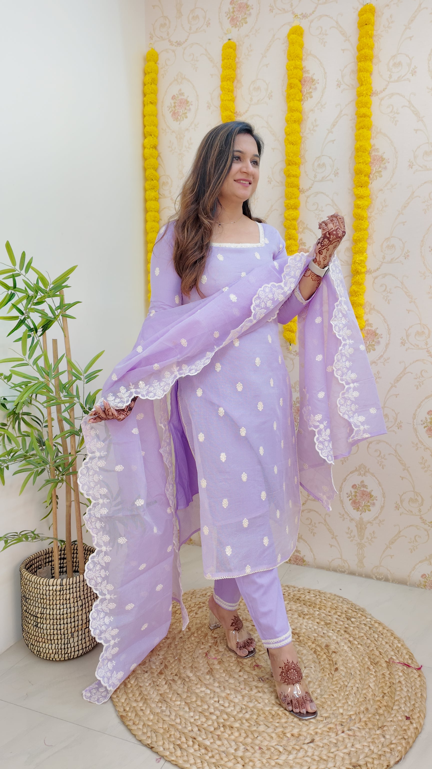 Lavender Kota Doria Embroidered Festive Pant Set