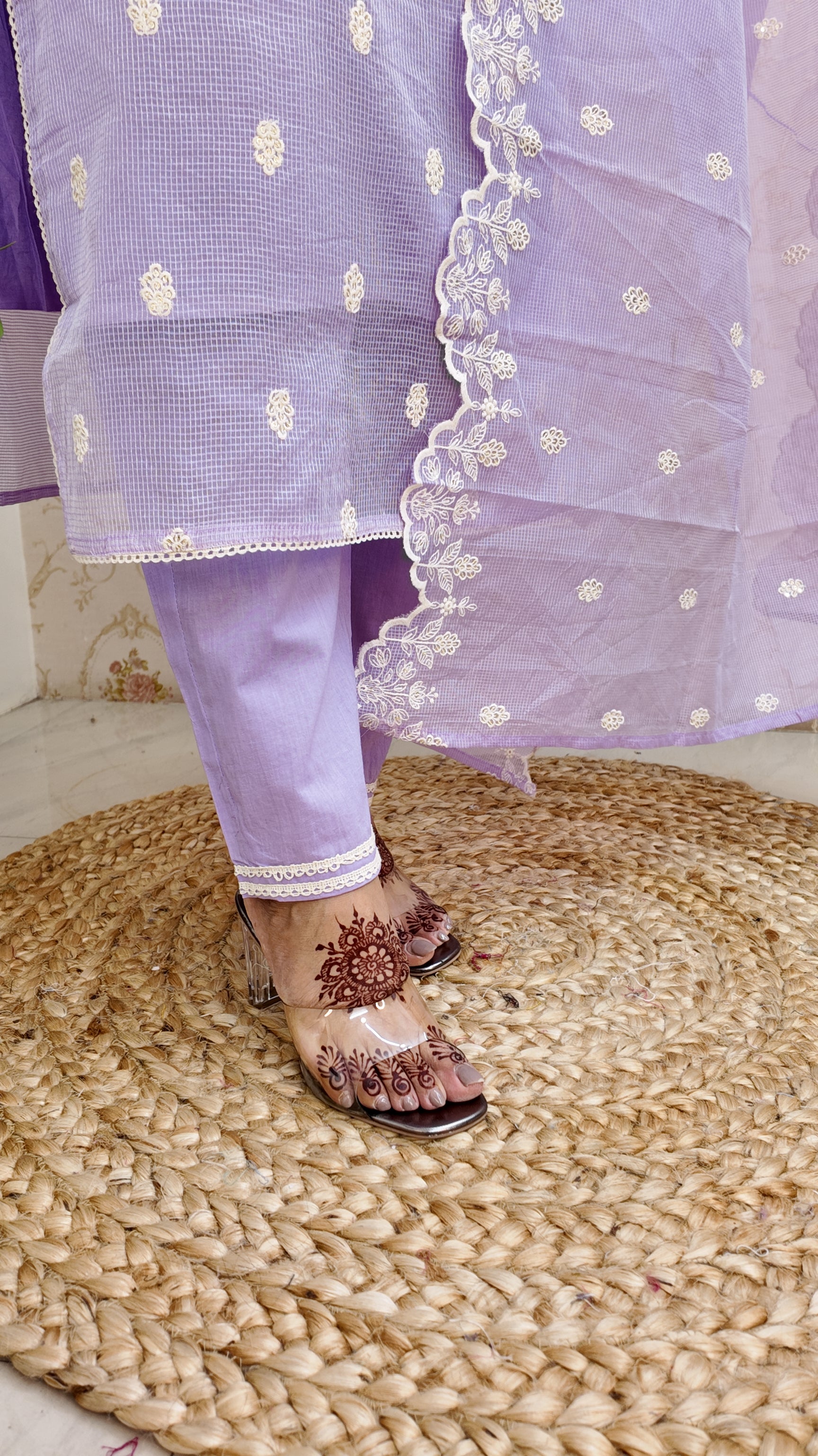 Lavender Kota Doria Embroidered Festive Pant Set