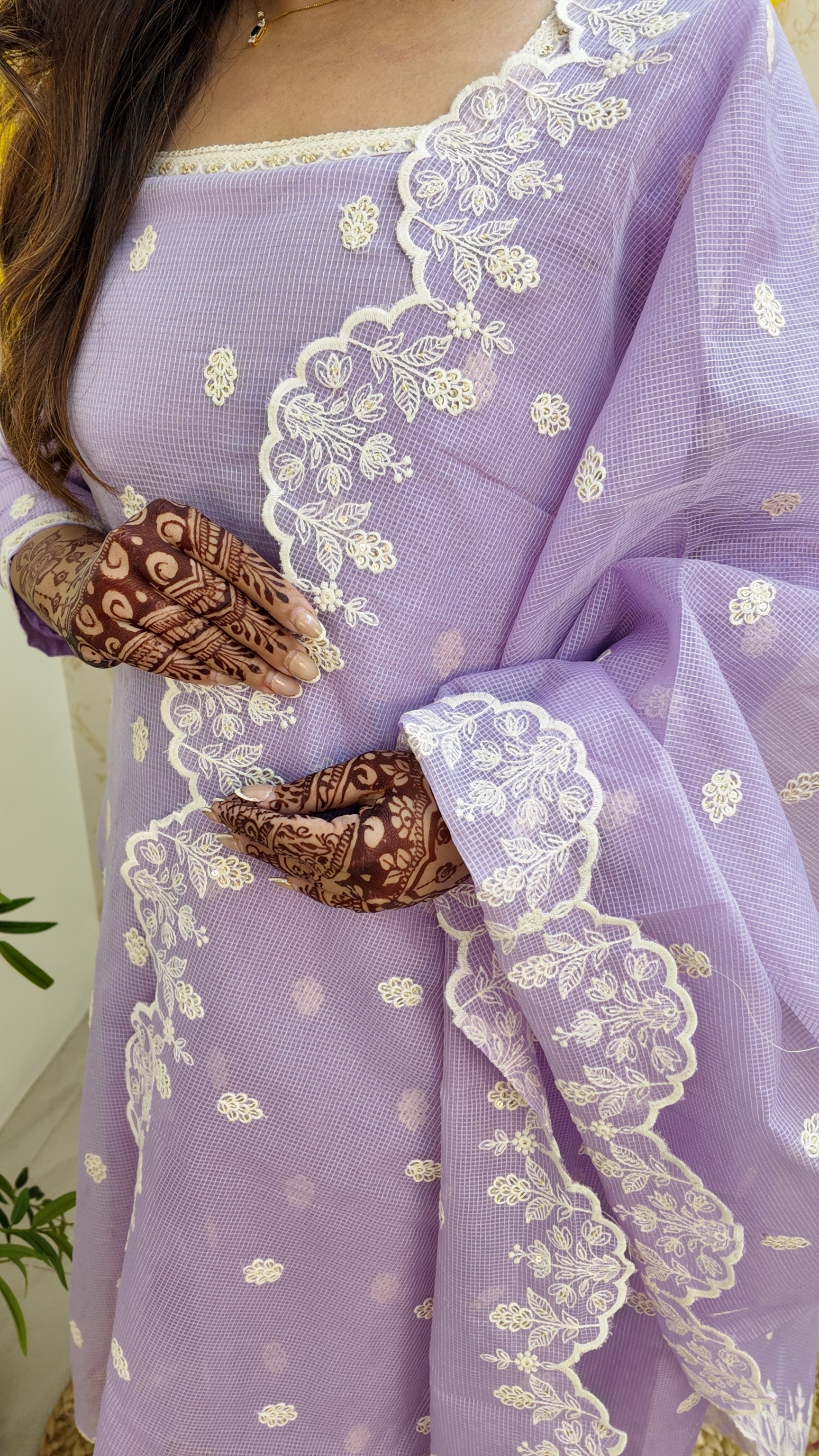 Lavender Kota Doria Embroidered Festive Pant Set