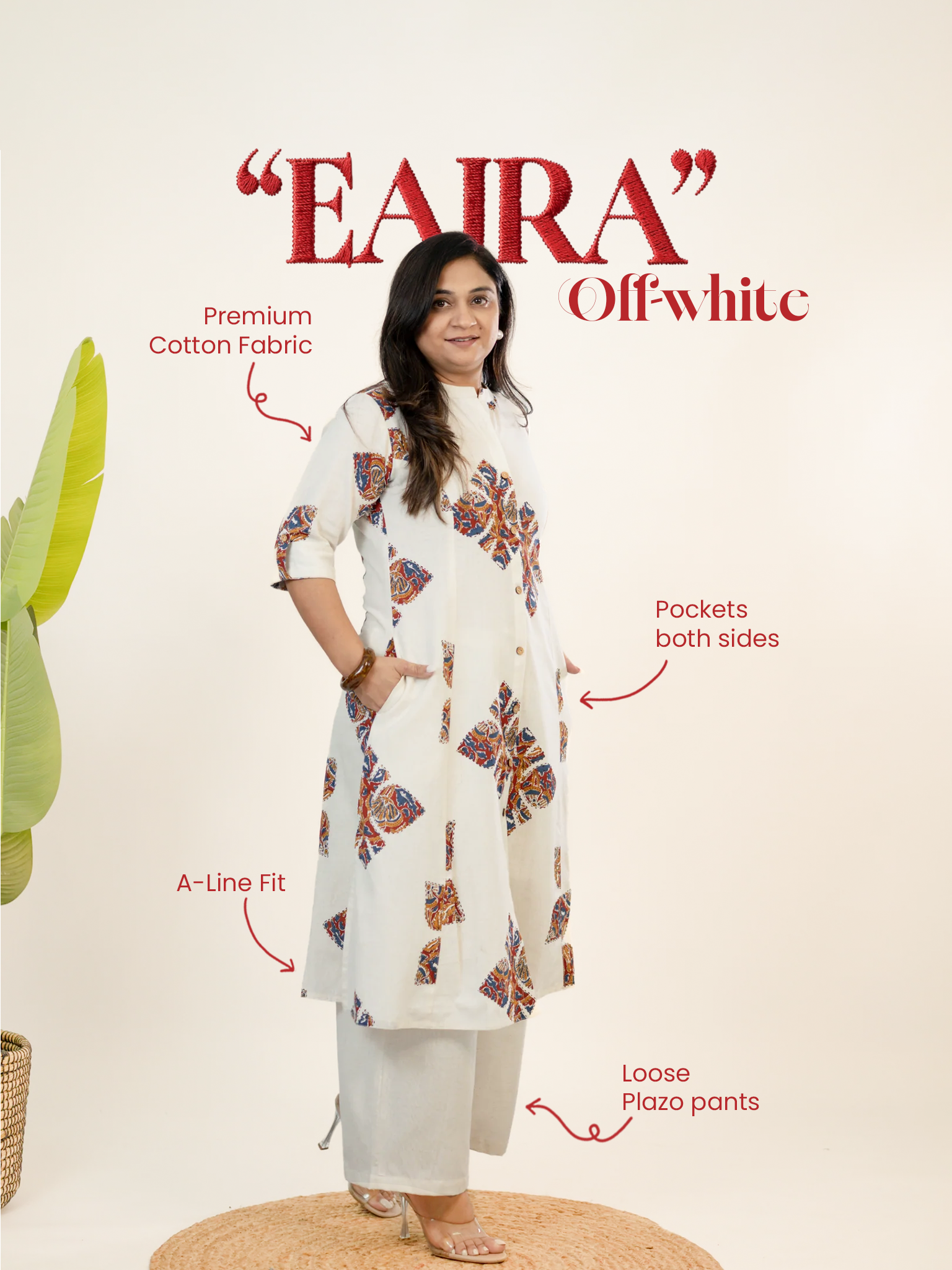 Eaira OffWhite-Red Cotton Ajrakh A-line Cotton Kurta Set