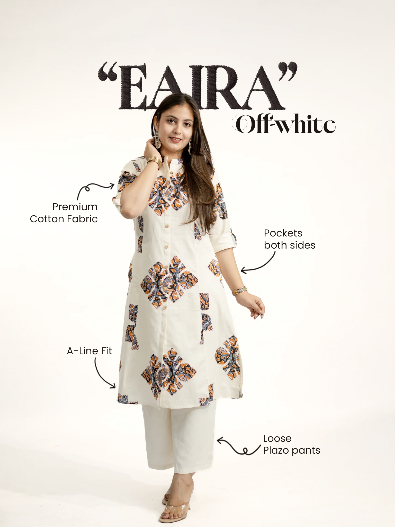 Eaira OffWhite-Black Cotton Ajrakh A-line Cotton Kurta Set