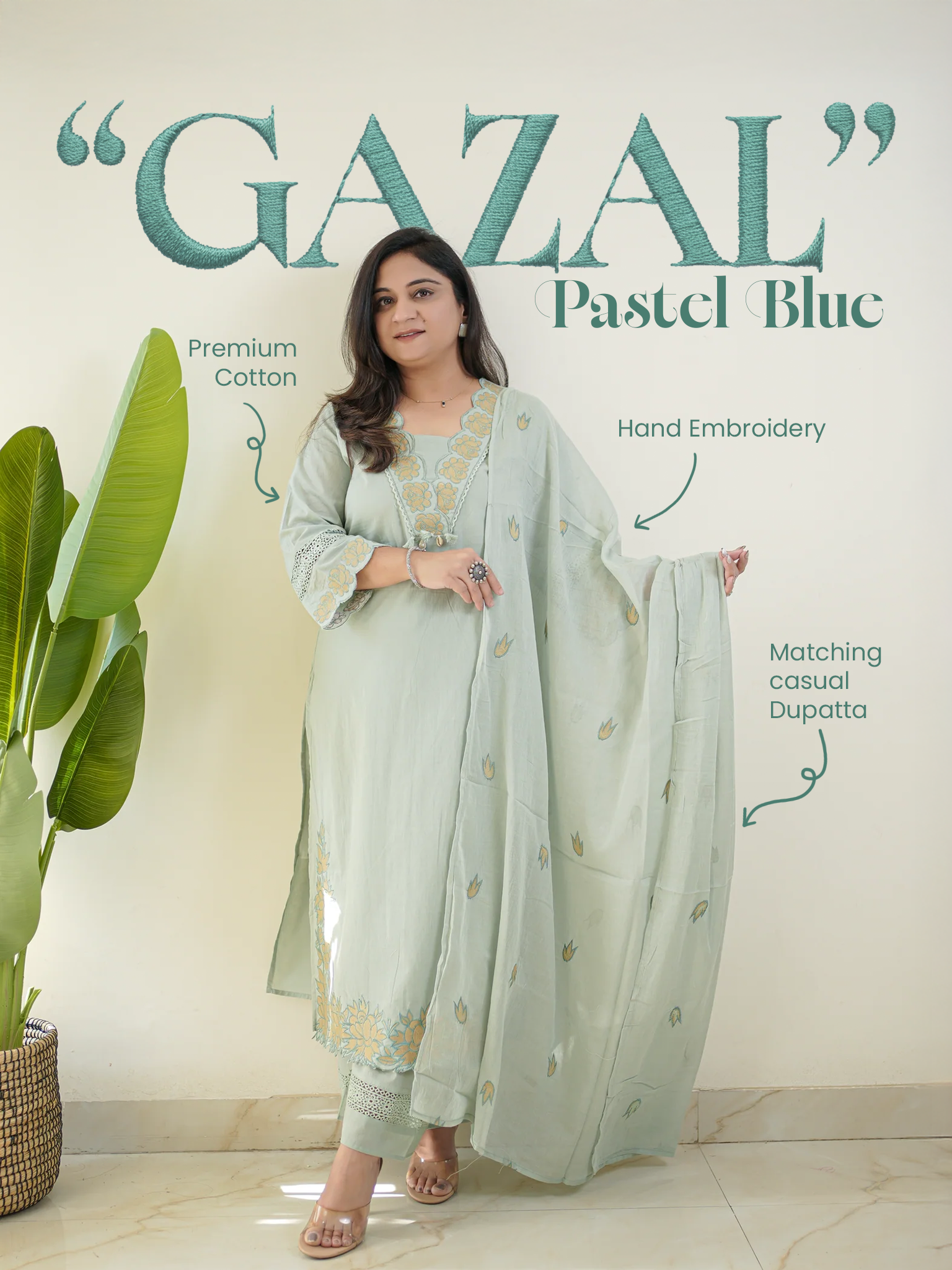 Gazal Pastel Blue Premium Cotton Embroidered Pant Set