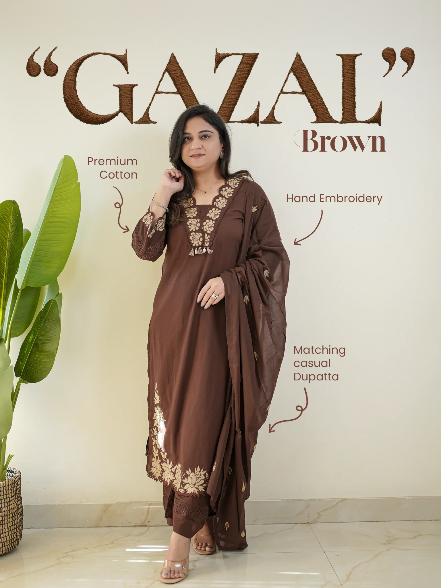 Gazal Brown Premium Cotton Embroidered Pant set