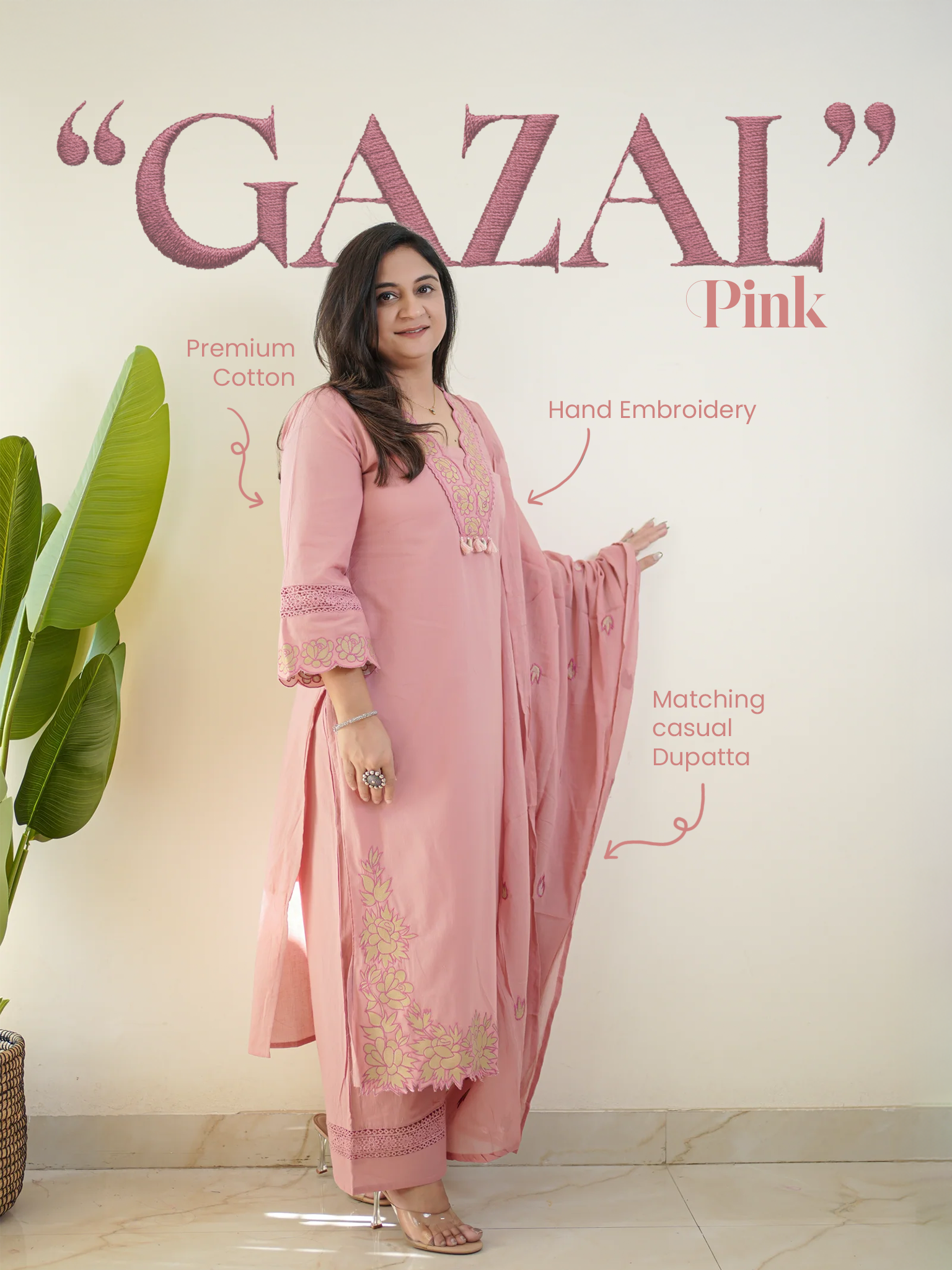 Gazal Pink Premium Cotton Embroidered Pant Set