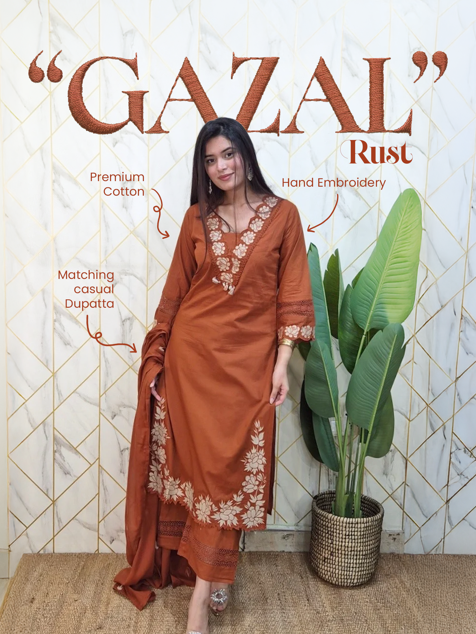 Gazal Rust Premium Cotton Embroidered Pant set - The Jaipur Studio