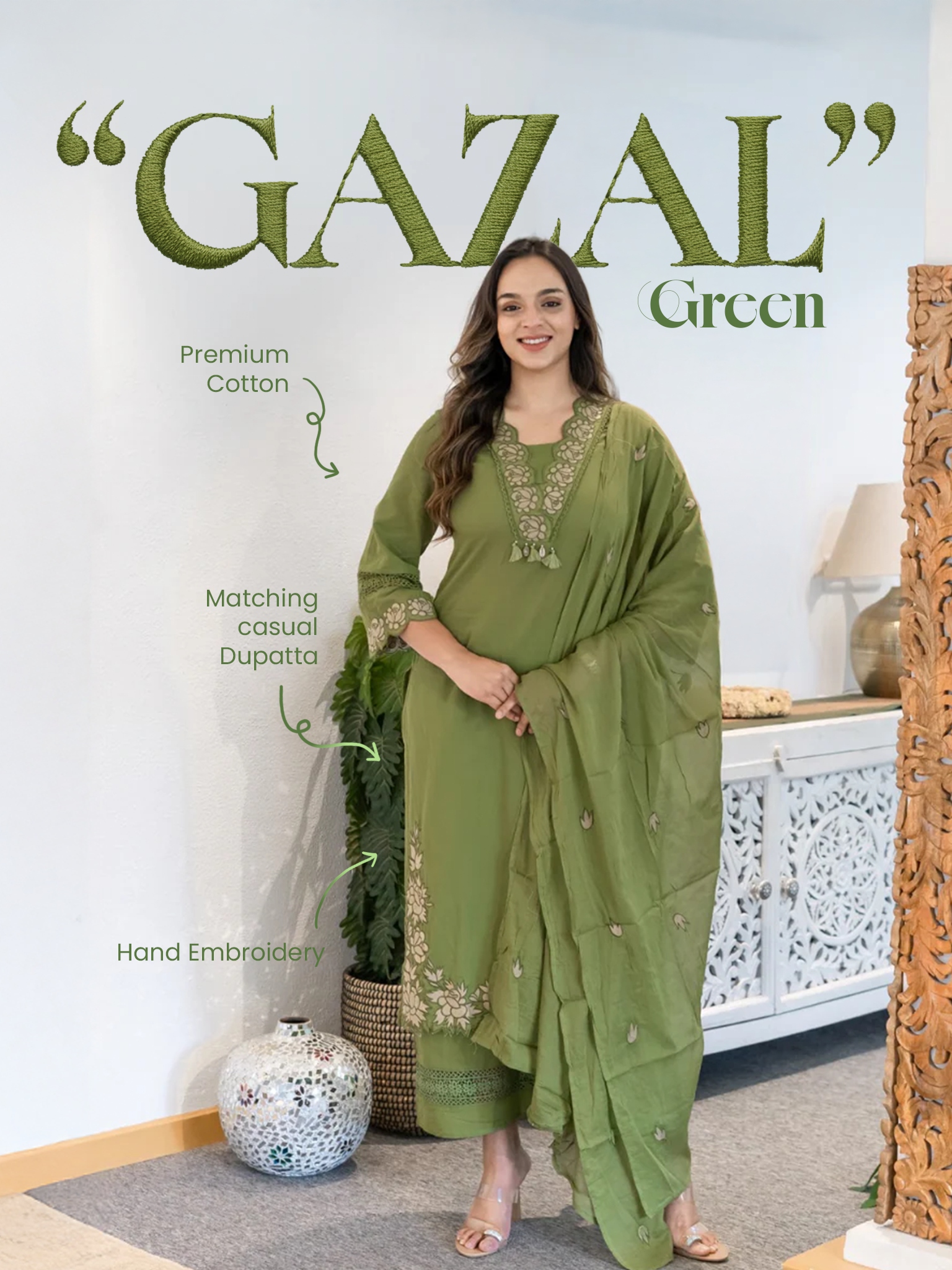 Gazal Green Premium Cotton Embroidered Pant set - The Jaipur Studio