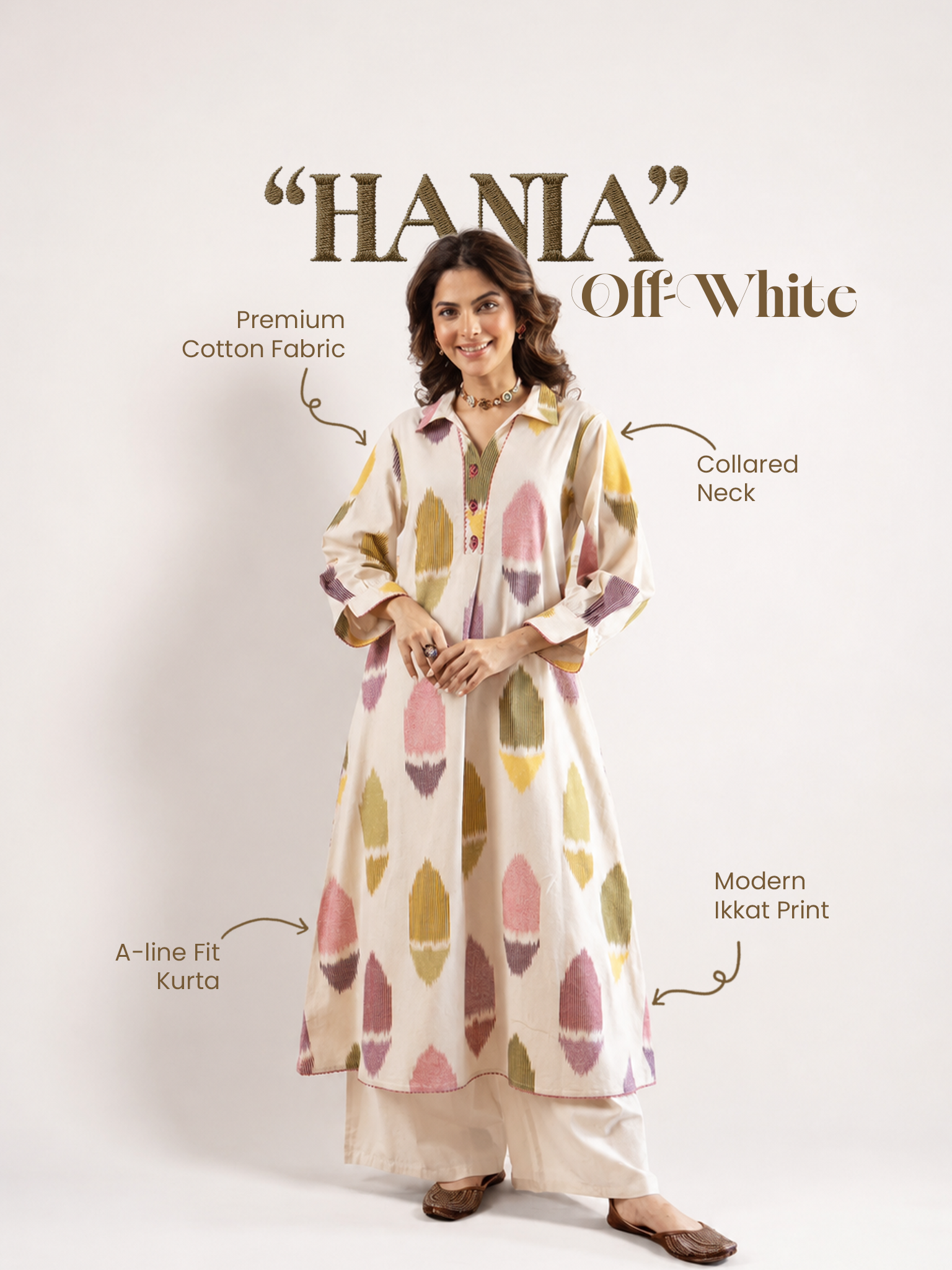 Hania Offwhite MultiColor Ikkat A-line Kurta Set