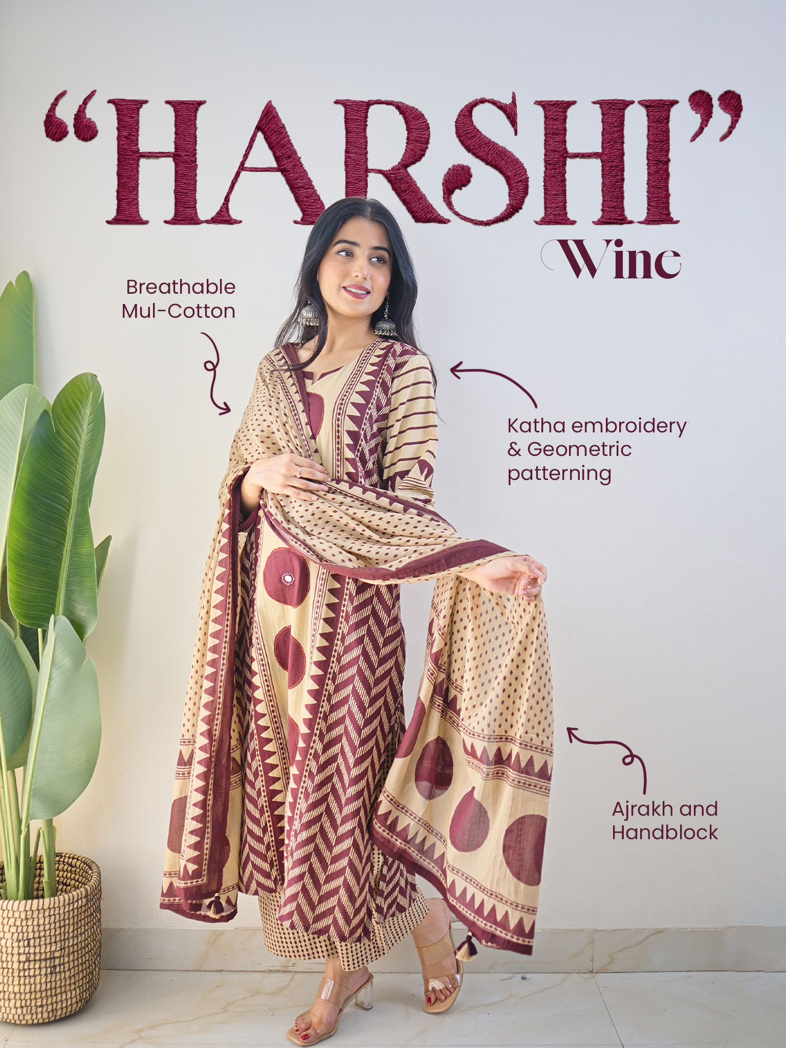 Harshi Wine Cotton Ajrakh Katha Detailed Dupatta Set - The Jaipur Studio