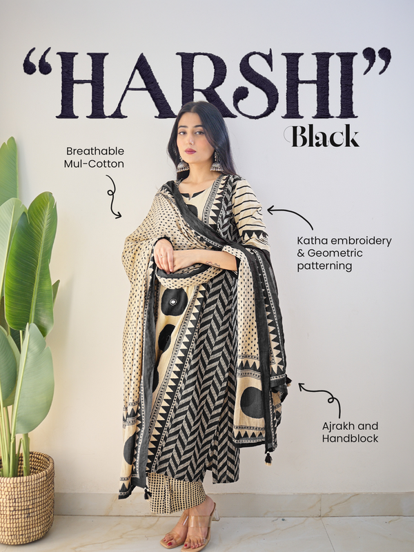 Harshi Black Cotton Ajrakh Katha Detailed Dupatta Set