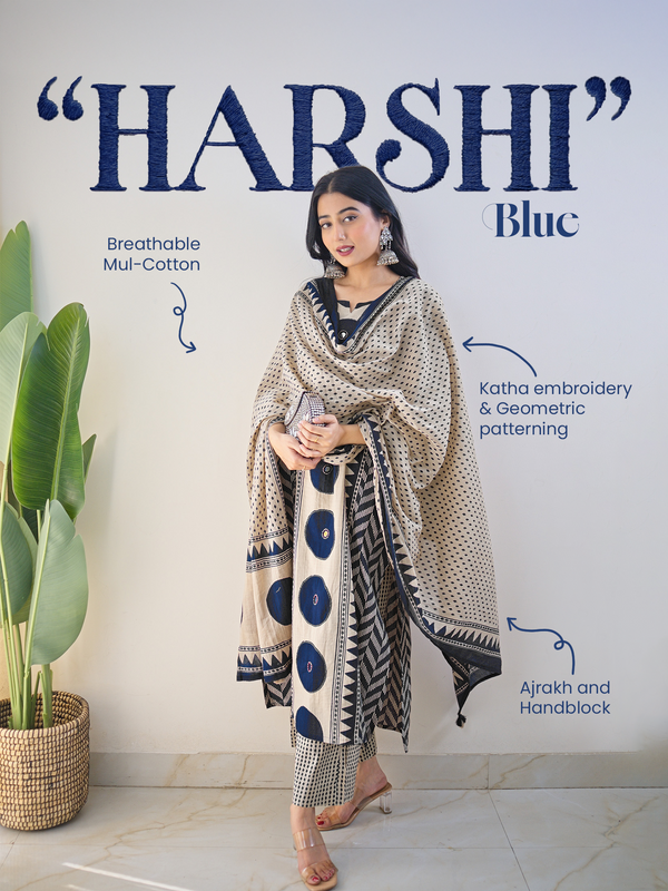 Harshi Blue Cotton Ajrakh Katha Detailed Dupatta Set