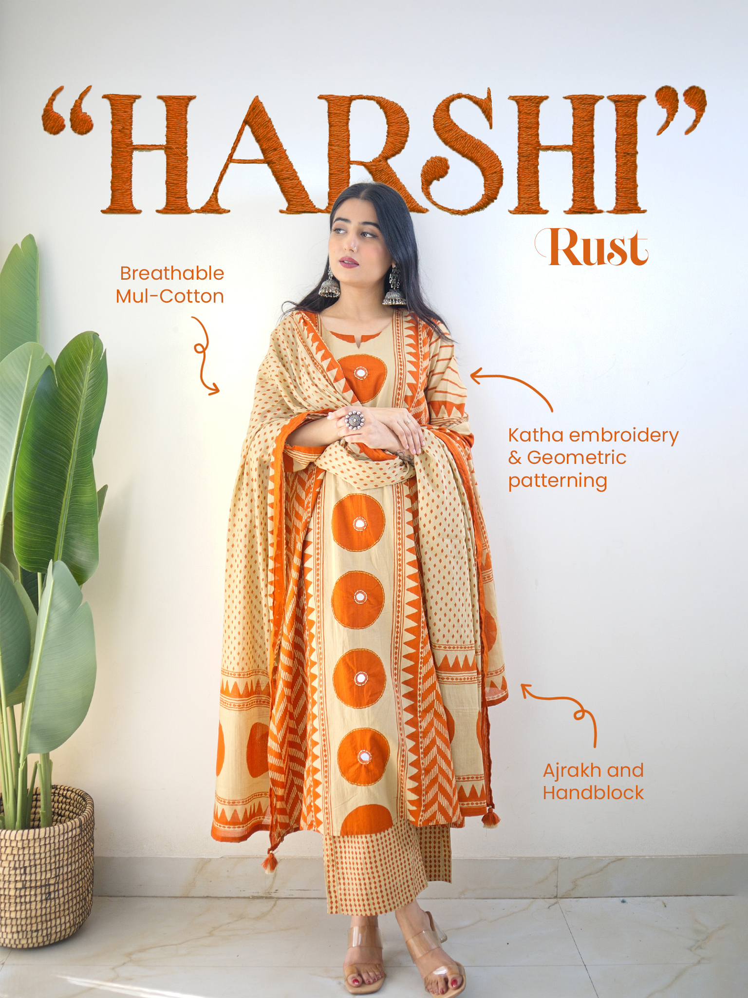 Harshi Rust Cotton Ajrakh Katha Detailed Dupatta Set - The Jaipur Studio