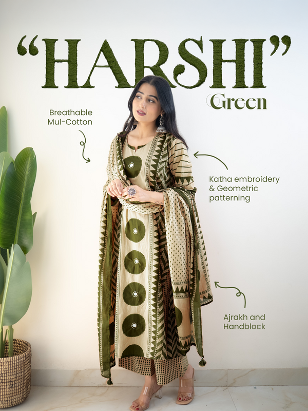 Harshi  Green Cotton Ajrakh Katha Detailed Dupatta Set