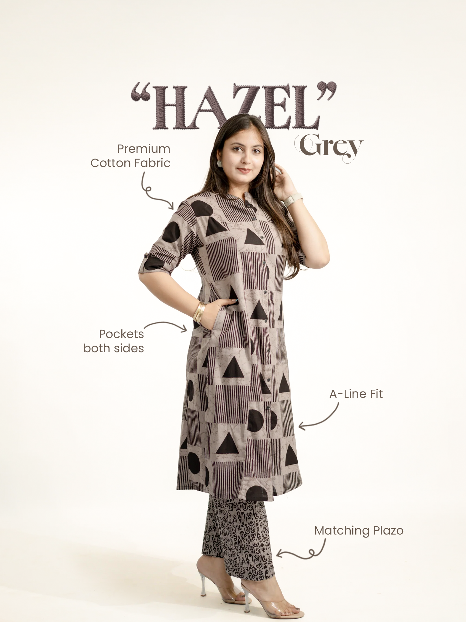 Hazel Grey Geometric A-line Cotton Kurta Set