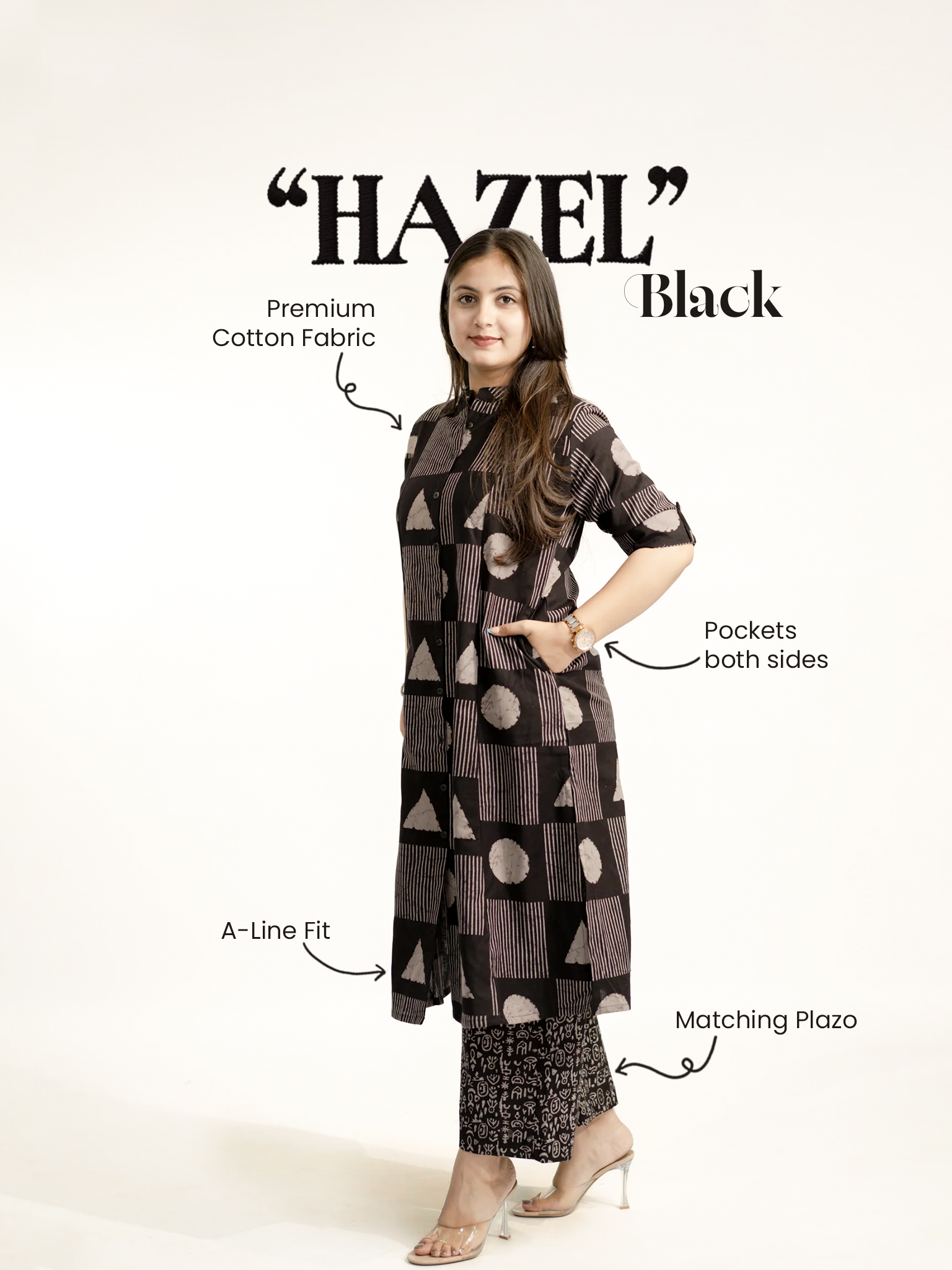 Hazel Black Geometric A-line Cotton Kurta Set