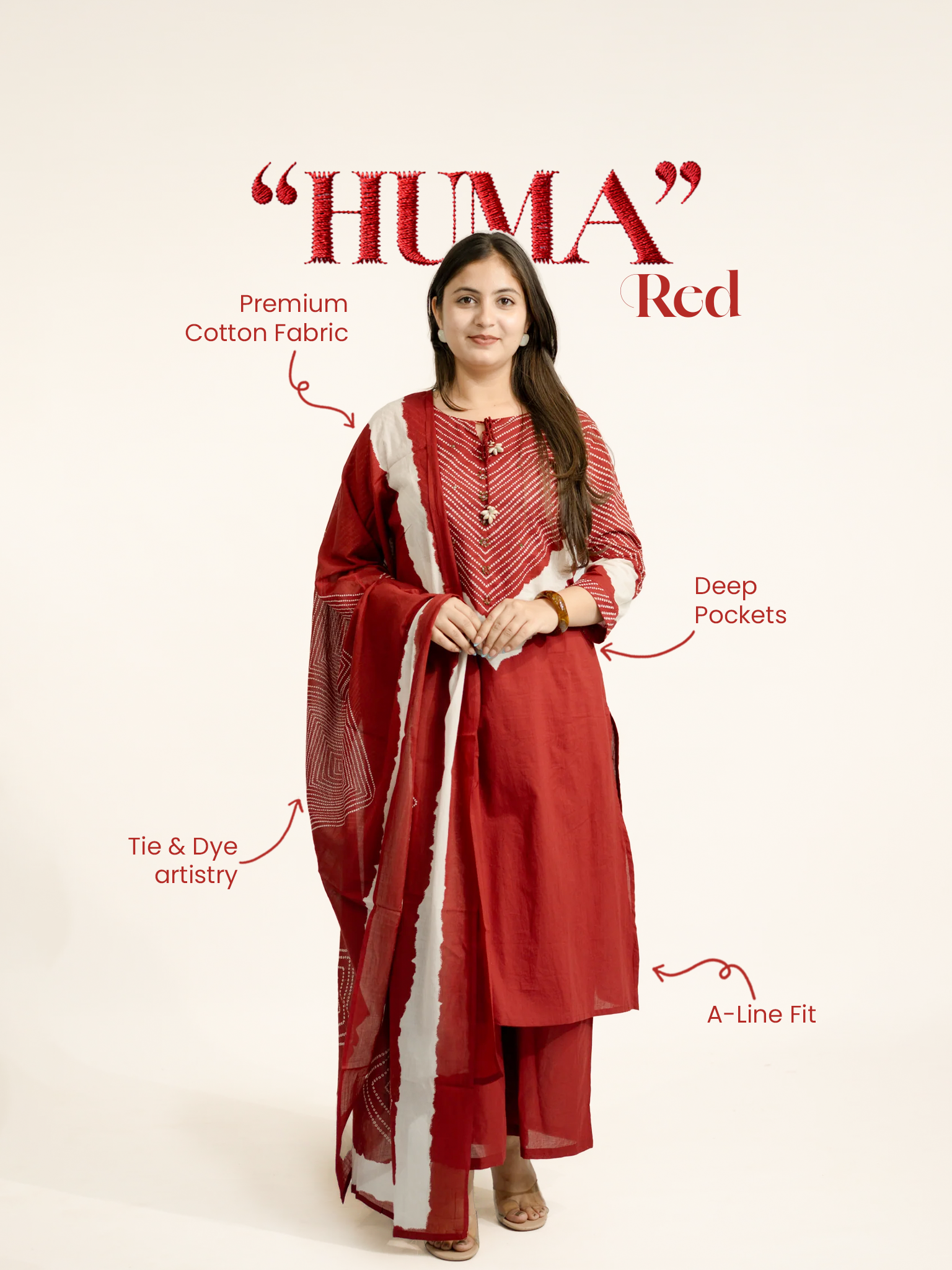 Huma Red Cotton Tie and Dye Straight Dupatta Set