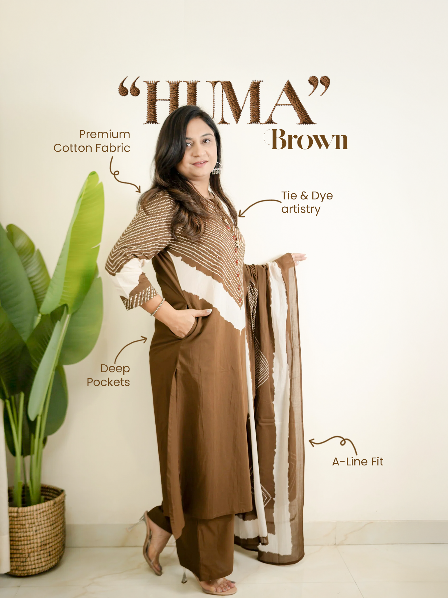 Huma Brown Cotton Tie and Dye Straight Dupatta Set