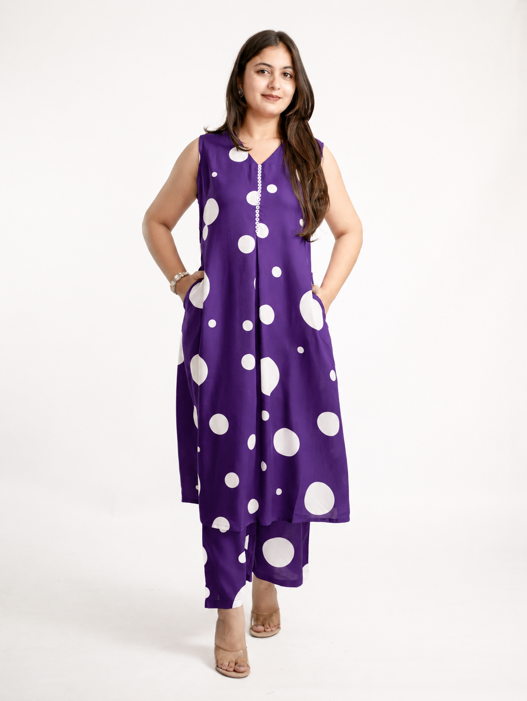 Laila Purple Polka Rayon A-line Coord Set