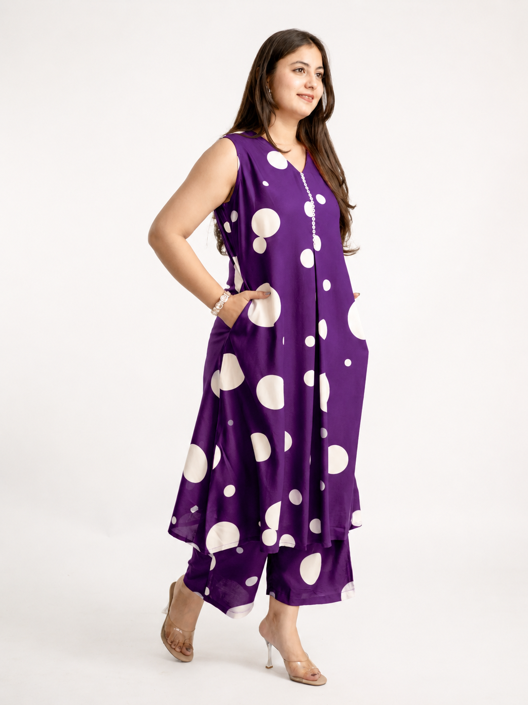 Laila Purple Polka Rayon A-line Coord Set