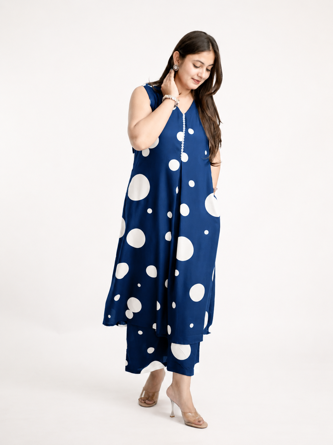 Laila Blue Polka Rayon A-line Coord Set
