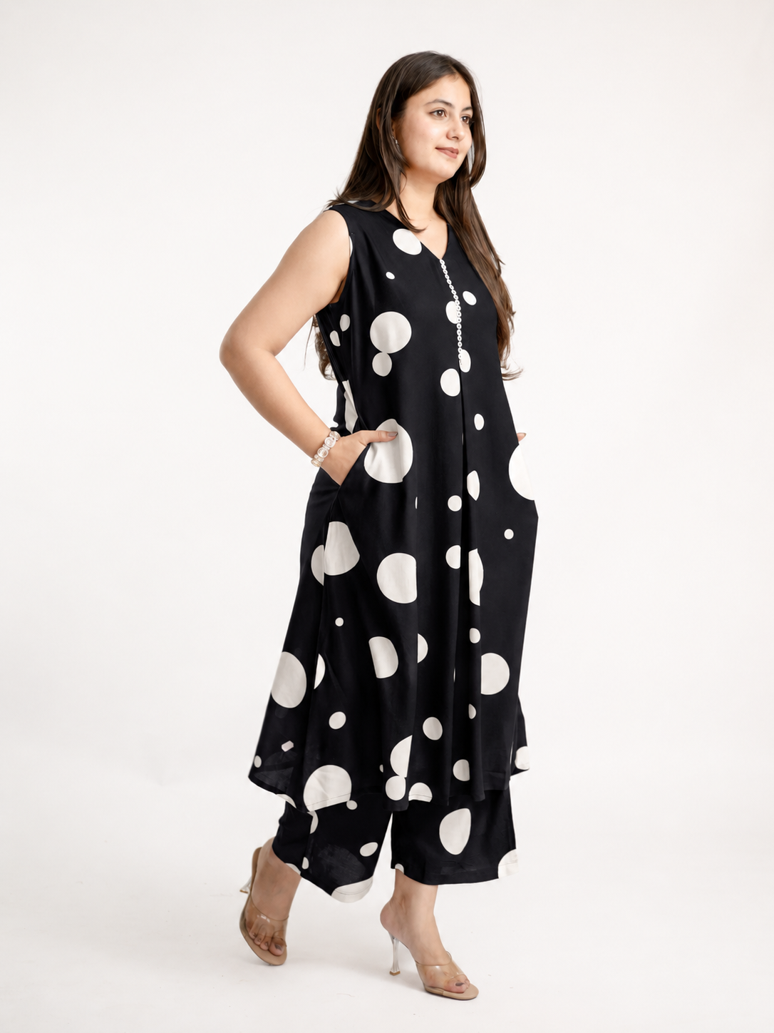 Laila Black Polka Rayon A-line Coord Set