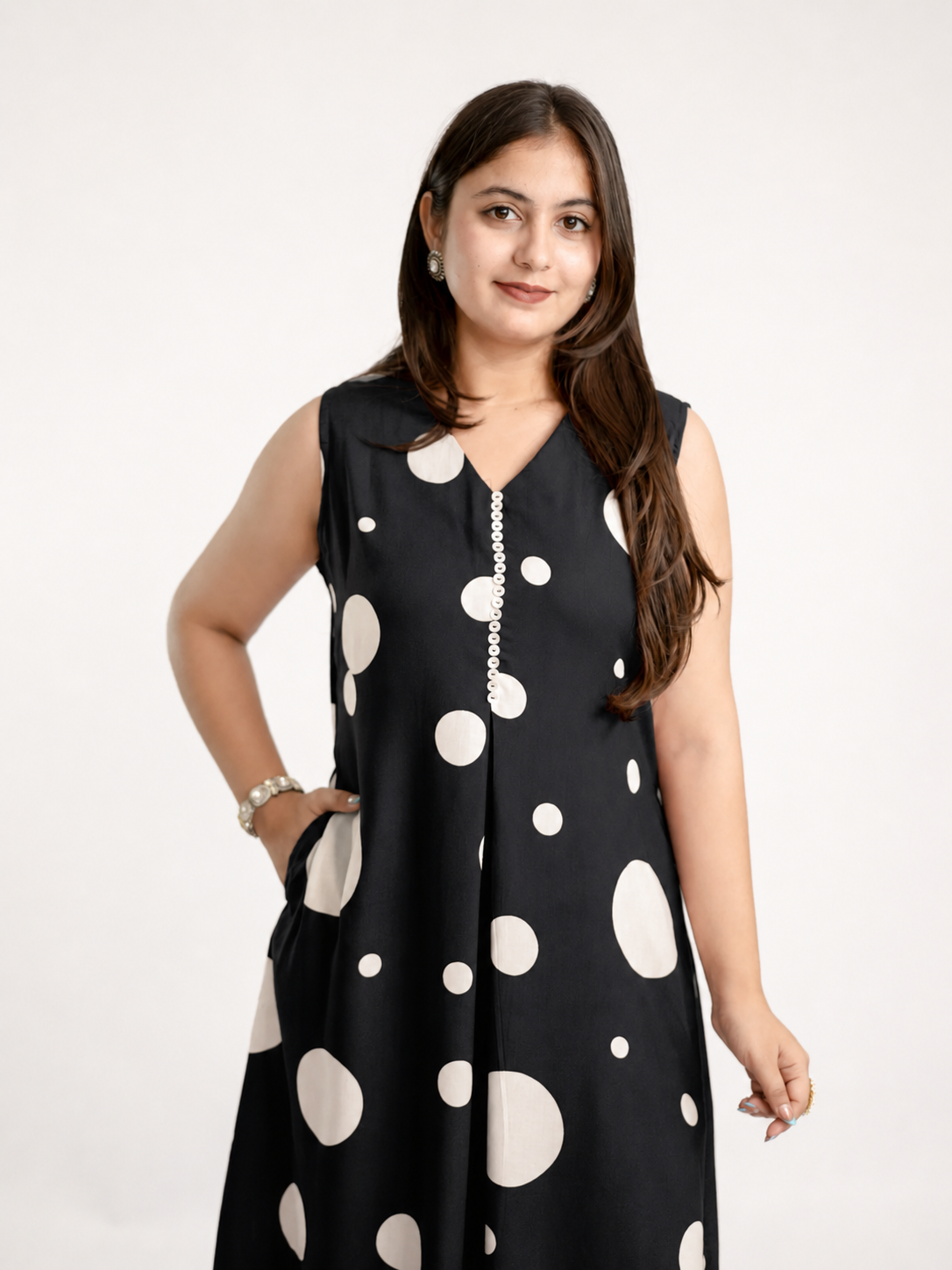 Laila Black Polka Rayon A-line Coord Set